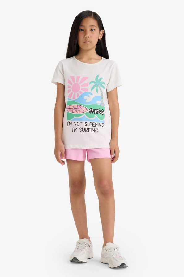 Girls' Printed Short Sleeve Pajama Set with Elastic Waist Shorts