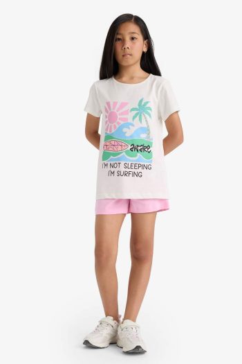 Girls' Printed Short Sleeve Pajama Set with Elastic Waist Shorts