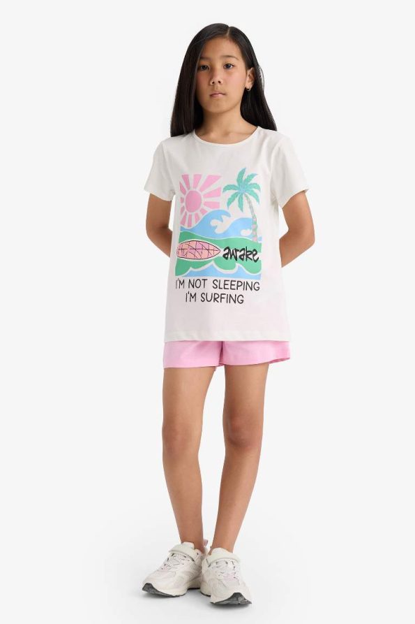 Girls' Printed Short Sleeve Pajama Set with Elastic Waist Shorts