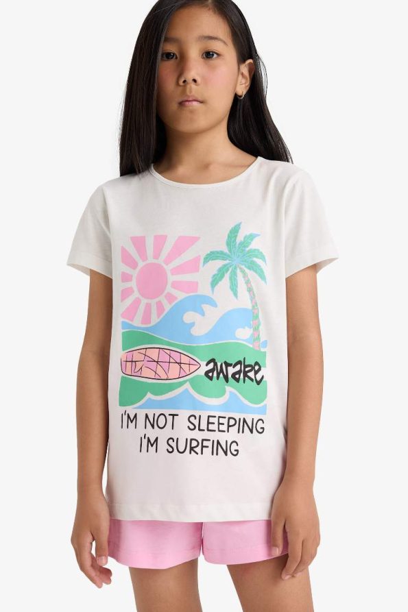 Girls' Printed Short Sleeve Pajama Set with Elastic Waist Shorts