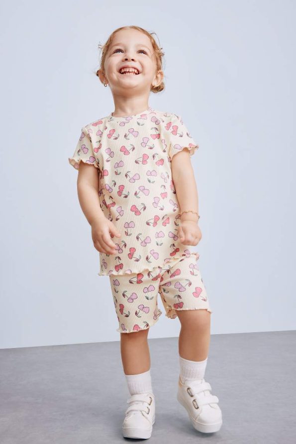 Girls' Baby 2-Piece Set Patterned Ribbed Short Sleeve T-Shirt and Shorts
