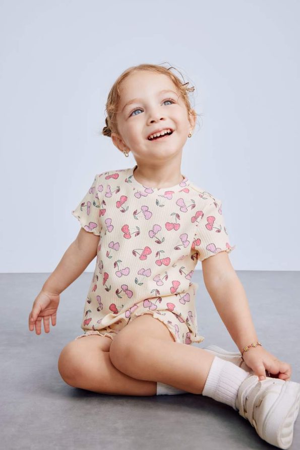 Girls' Baby 2-Piece Set Patterned Ribbed Short Sleeve T-Shirt and Shorts