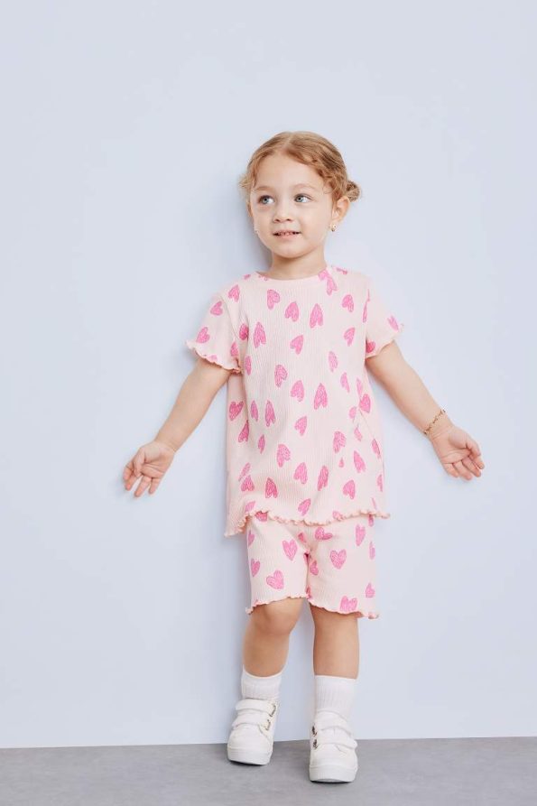 Girls' Baby 2-Piece Set Patterned Ribbed Short Sleeve T-Shirt and Shorts