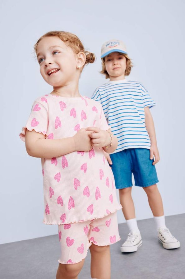 Girls' Baby 2-Piece Set Patterned Ribbed Short Sleeve T-Shirt and Shorts