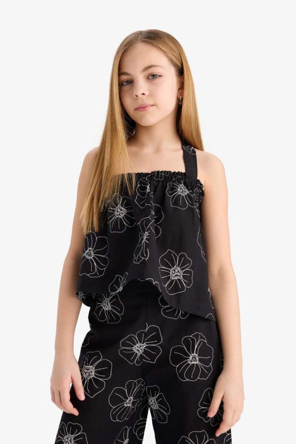 Girls' Floral Strap Linen Blouse