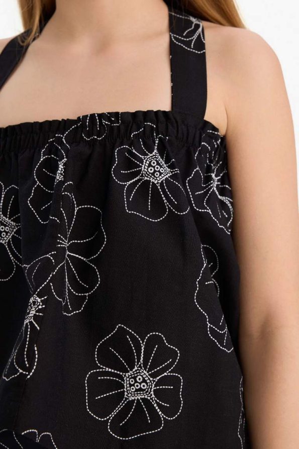Girls' Floral Strap Linen Blouse