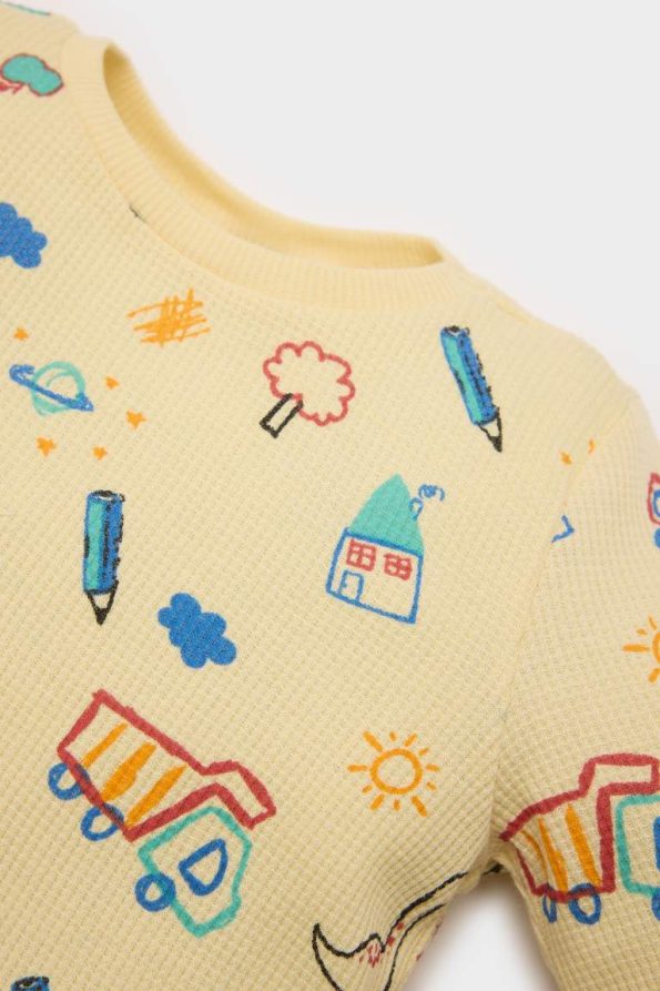 Boys' Pajama Set with Vehicle Print Long Sleeve Waffle Top and Elastic Waist Long Pants