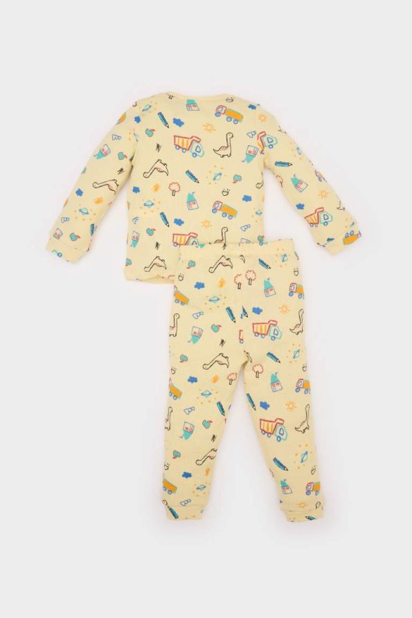 Boys' Pajama Set with Vehicle Print Long Sleeve Waffle Top and Elastic Waist Long Pants