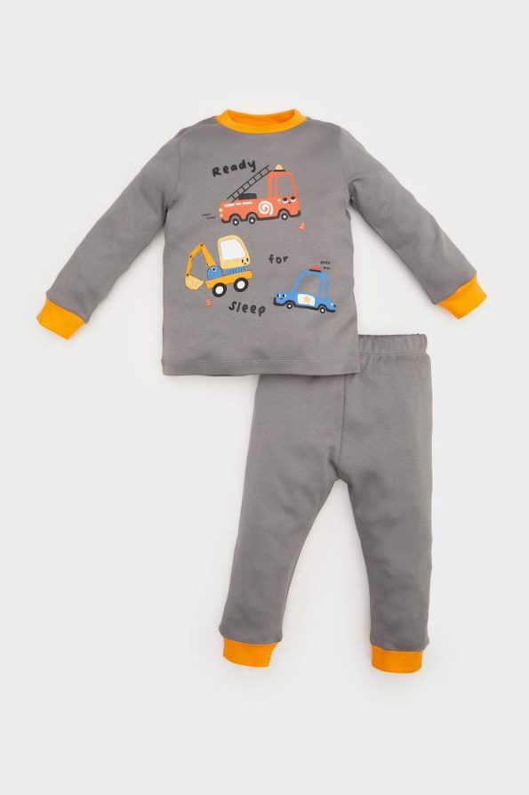 Boys' Long Sleeve Pajama Set with Vehicle Print and Elastic Waist Pants