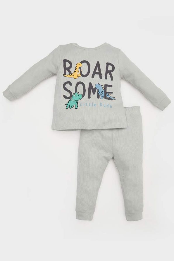 Boys' Dinosaur Print Waffle Long Sleeve Pajama Set with Elastic Waist Pants
