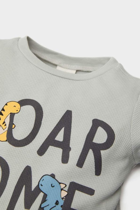 Boys' Dinosaur Print Waffle Long Sleeve Pajama Set with Elastic Waist Pants