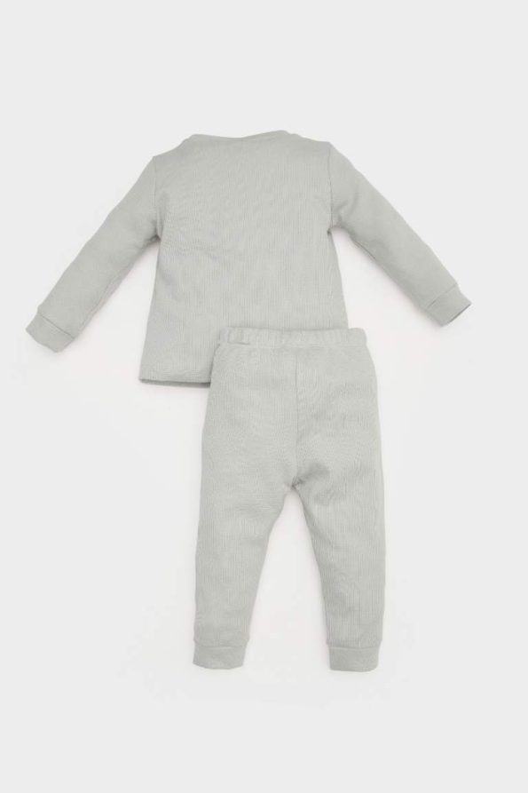Boys' Dinosaur Print Waffle Long Sleeve Pajama Set with Elastic Waist Pants