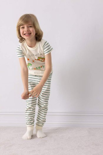 Boys' Printed Short Sleeve Pajama Set with Striped Long Pants