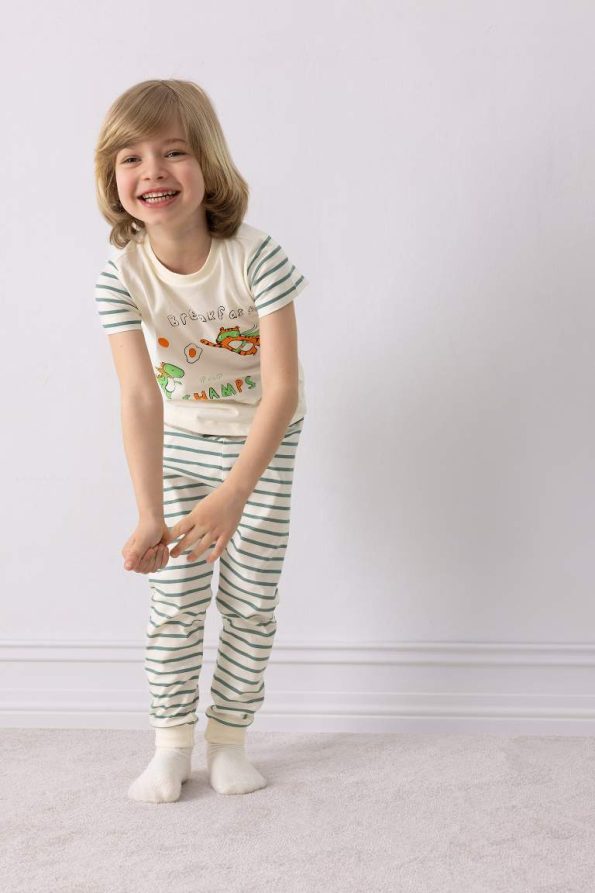 Boys' Printed Short Sleeve Pajama Set with Striped Long Pants