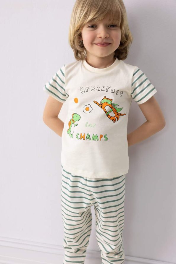 Boys' Printed Short Sleeve Pajama Set with Striped Long Pants