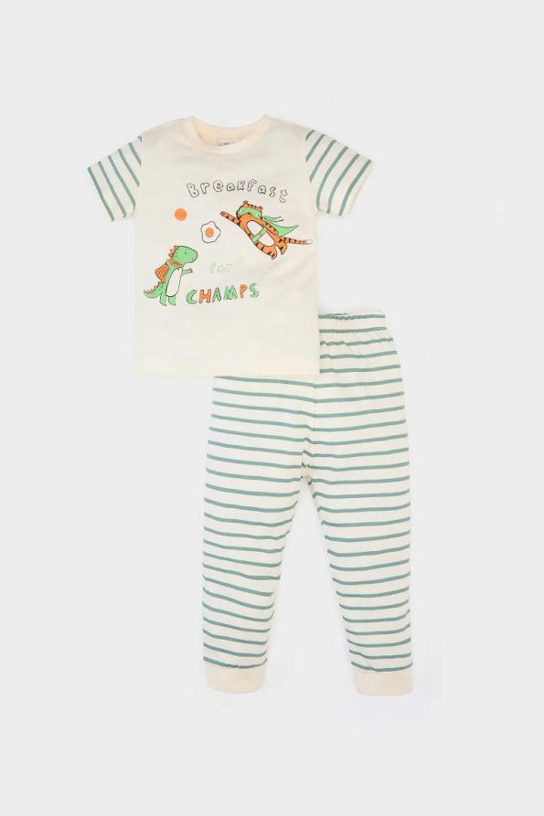 Boys' Printed Short Sleeve Pajama Set with Striped Long Pants