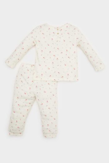 Girls' Floral Waffle Pajama Set with Long Sleeve Top and Elastic Waist Long Pants