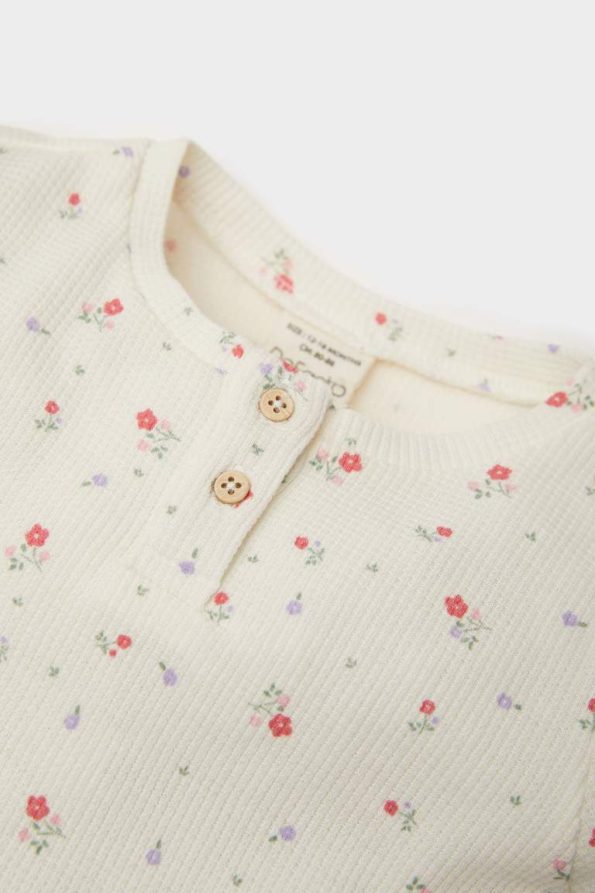 Girls' Floral Waffle Pajama Set with Long Sleeve Top and Elastic Waist Long Pants