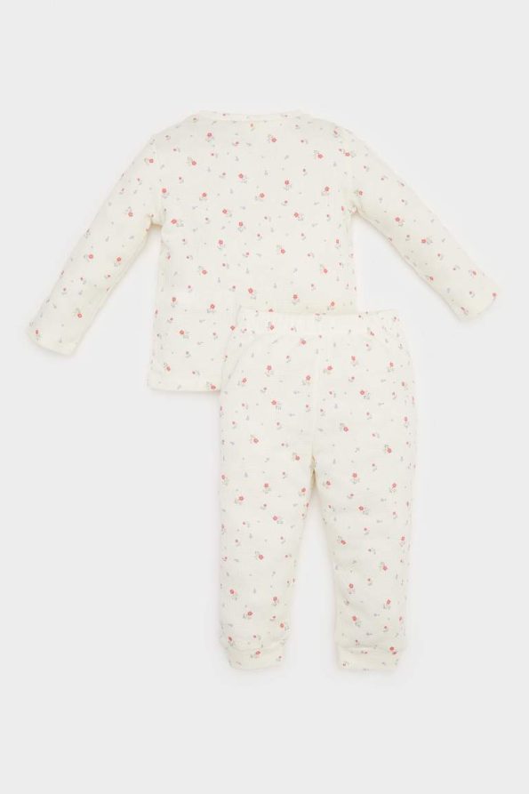 Girls' Floral Waffle Pajama Set with Long Sleeve Top and Elastic Waist Long Pants