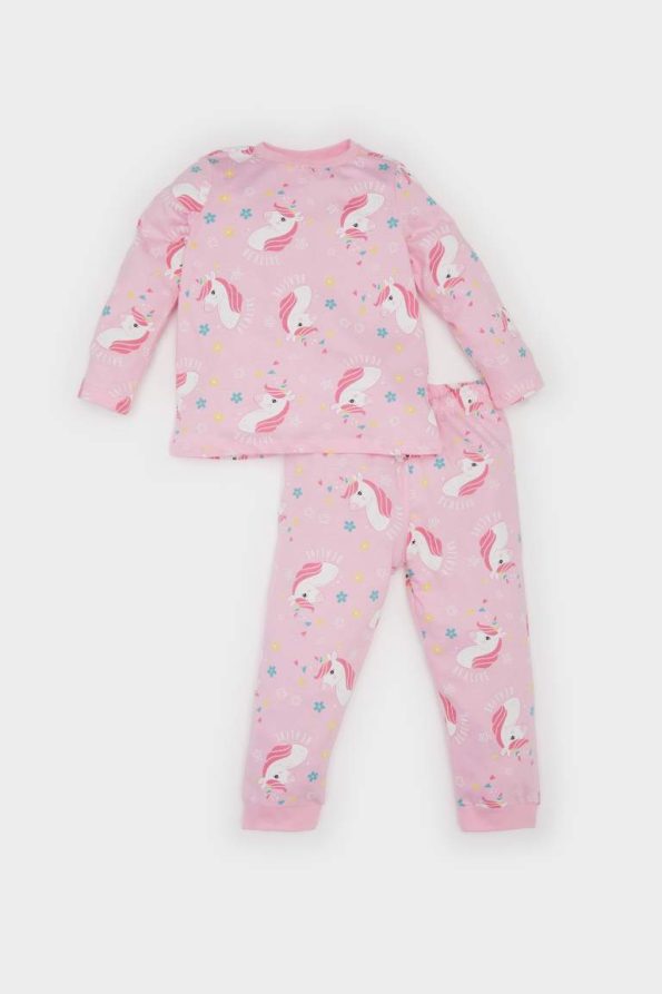 Girls' Unicorn Print Pajama Set with Long Sleeves and Elastic Waist Pants