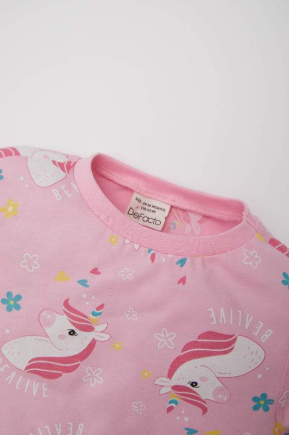 Girls' Unicorn Print Pajama Set with Long Sleeves and Elastic Waist Pants