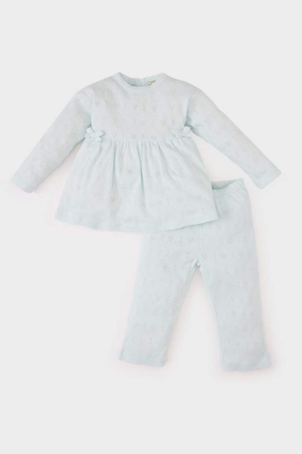 Girls' Baby Pajama Set with Long Sleeve Ribbed Top and Elastic Waist Long Pants