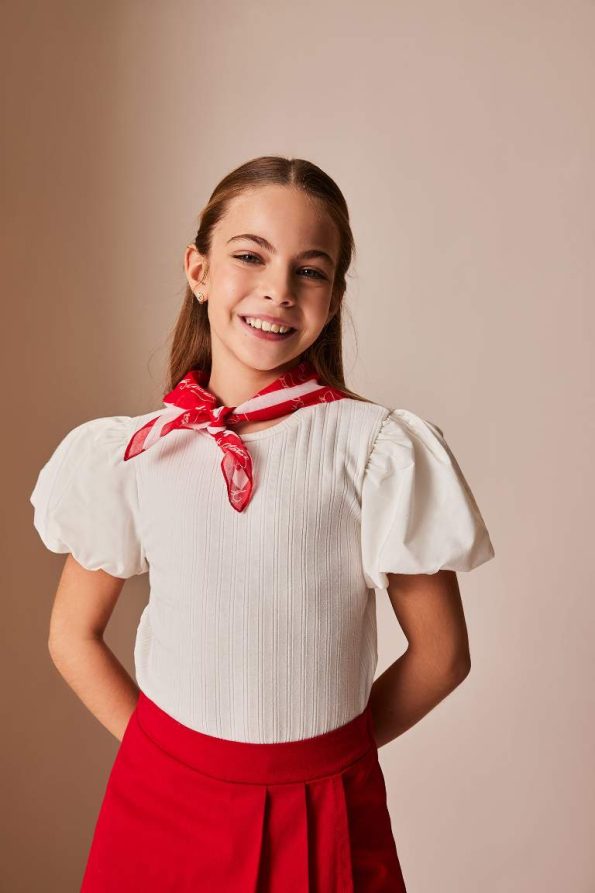 Girls' Short Sleeve Ribbed T-Shirt with Crew Neck