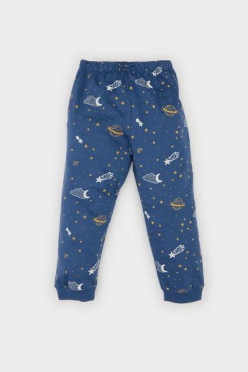 Boys' Short Sleeve Patterned Pajama Set with Elastic Waist Long Pants
