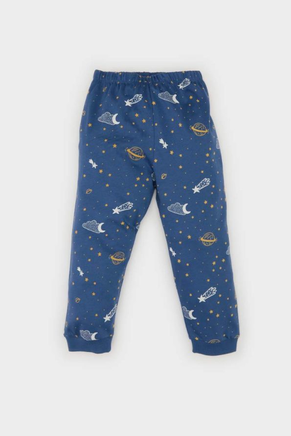 Boys' Short Sleeve Patterned Pajama Set with Elastic Waist Long Pants