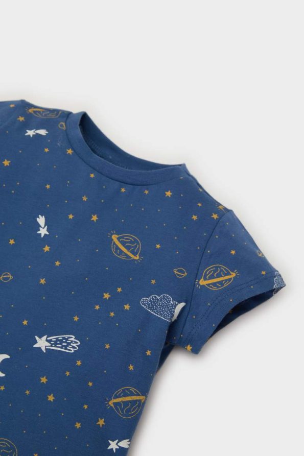 Boys' Short Sleeve Patterned Pajama Set with Elastic Waist Long Pants