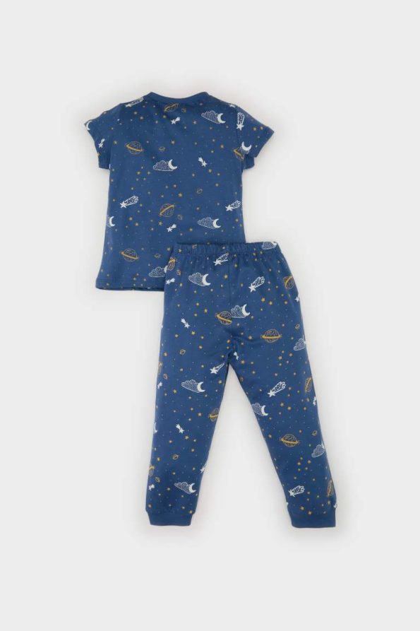 Boys' Short Sleeve Patterned Pajama Set with Elastic Waist Long Pants