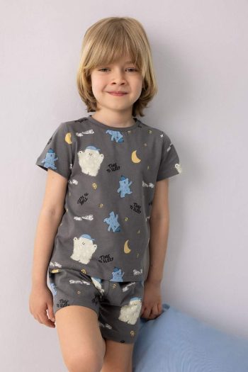 Boys' Short Sleeve Pajama Set with Patterned Cotton Top and Elastic Waist Shorts