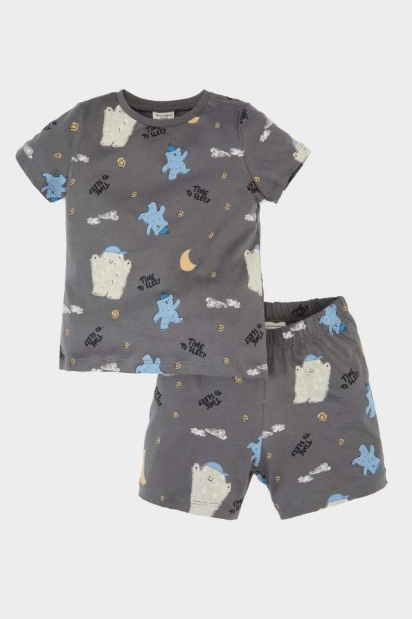 Boys' Short Sleeve Pajama Set with Patterned Cotton Top and Elastic Waist Shorts