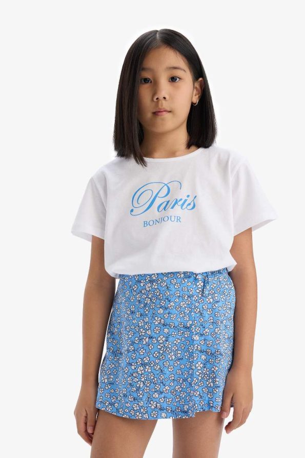 Girls' Two-Piece Set with Printed Short-Sleeve T-Shirt and Floral Shorts