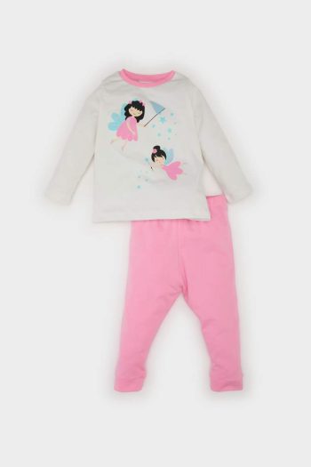 Girls' Printed Long Sleeve Pajama Set with Elastic Waist Pants