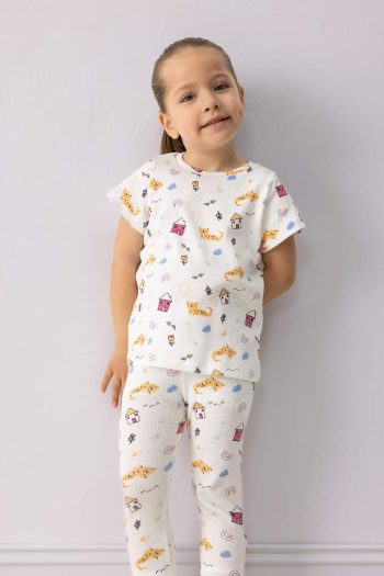 Girls' Baby Pajama Set with Patterned Short Sleeve Ribbed Top and Elasticated Long Pants
