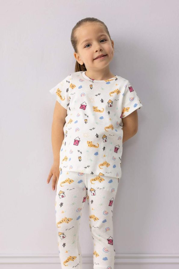 Girls' Baby Pajama Set with Patterned Short Sleeve Ribbed Top and Elasticated Long Pants