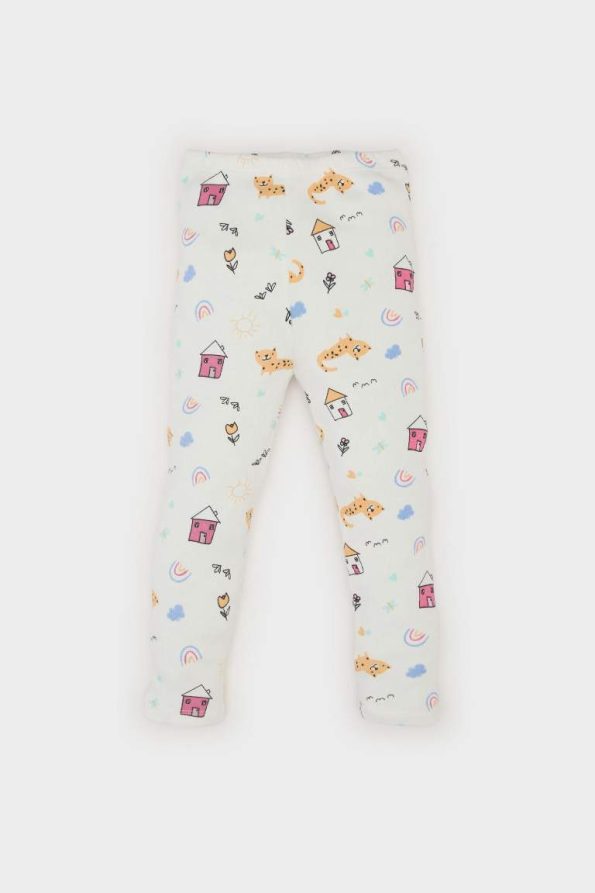 Girls' Baby Pajama Set with Patterned Short Sleeve Ribbed Top and Elasticated Long Pants