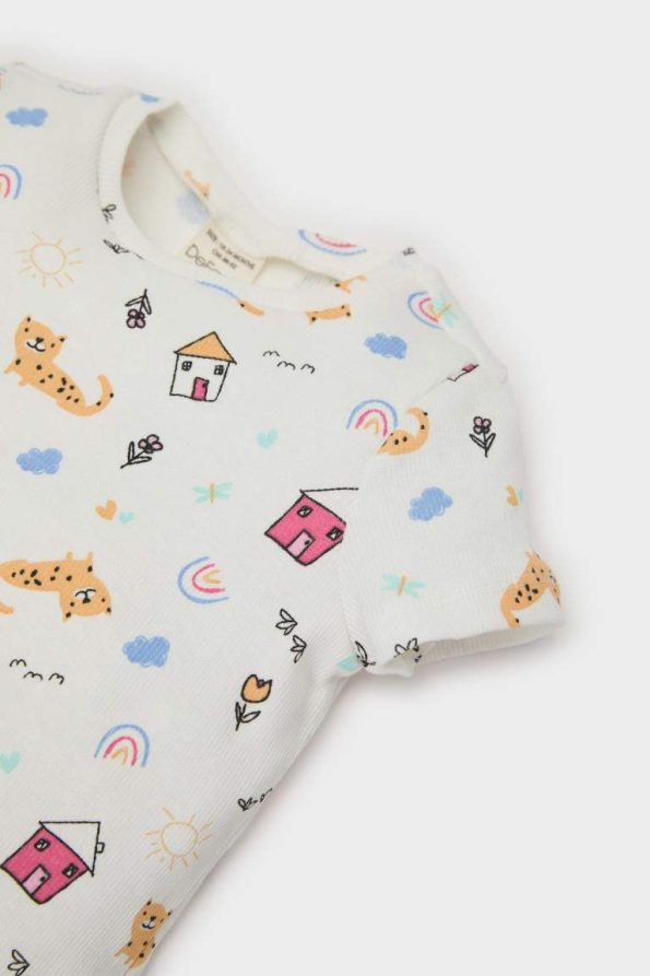 Girls' Baby Pajama Set with Patterned Short Sleeve Ribbed Top and Elasticated Long Pants
