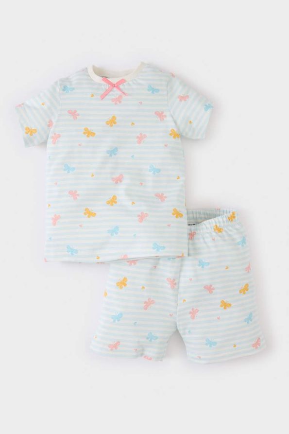 Girls' Butterfly Print Short Sleeve Pajama Set with Elastic Waist Shorts