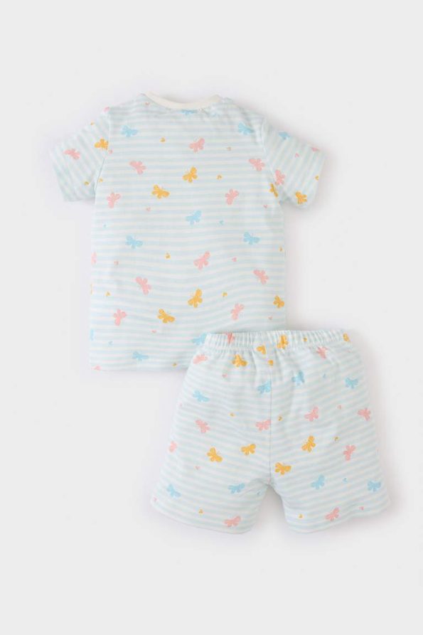 Girls' Butterfly Print Short Sleeve Pajama Set with Elastic Waist Shorts