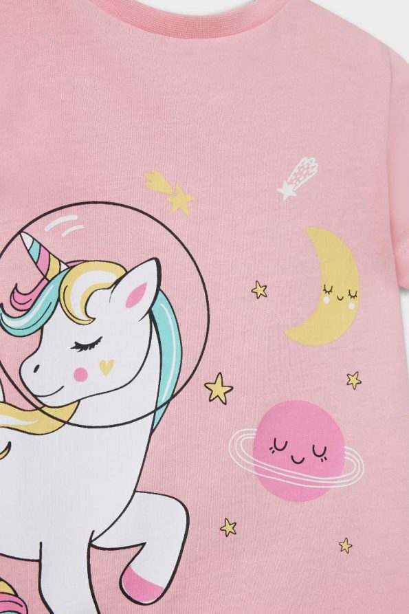 Girls' Unicorn Print Short Sleeve Pajama Set with Elastic Waist Shorts