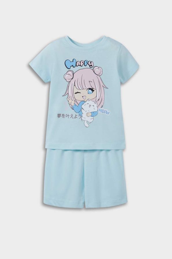 Girls' Baby Pajama Set with Anime Print and Elastic Waist Shorts