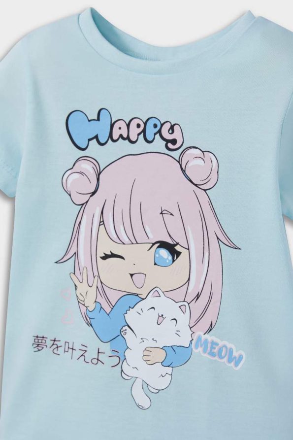 Girls' Baby Pajama Set with Anime Print and Elastic Waist Shorts