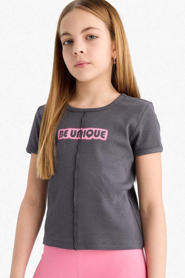 Girls' Fitted Printed Ribbed Short Sleeve T-Shirt