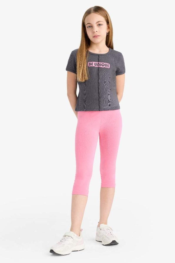 Girls' Fitted Printed Ribbed Short Sleeve T-Shirt