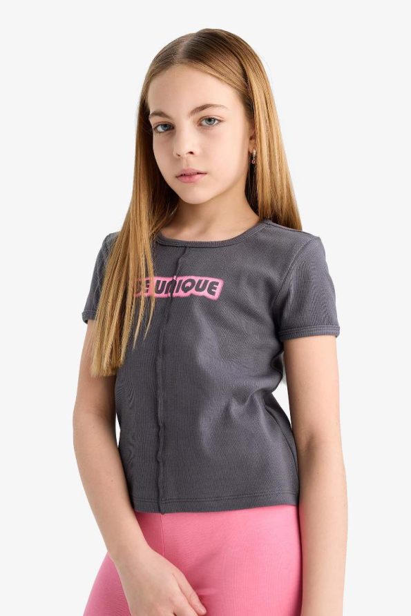 Girls' Fitted Printed Ribbed Short Sleeve T-Shirt