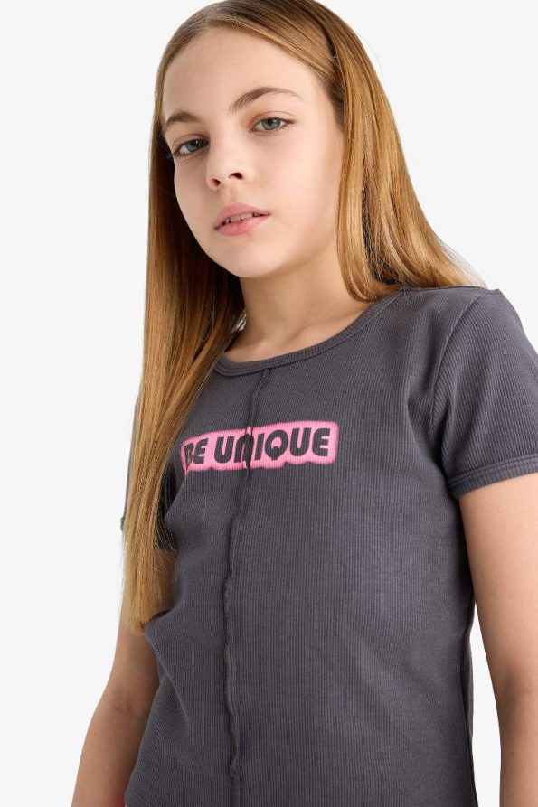 Girls' Fitted Printed Ribbed Short Sleeve T-Shirt