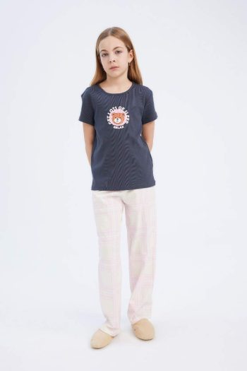 Girls' Pajama Set with Ribbed Short Sleeve Top and Long Bottoms
