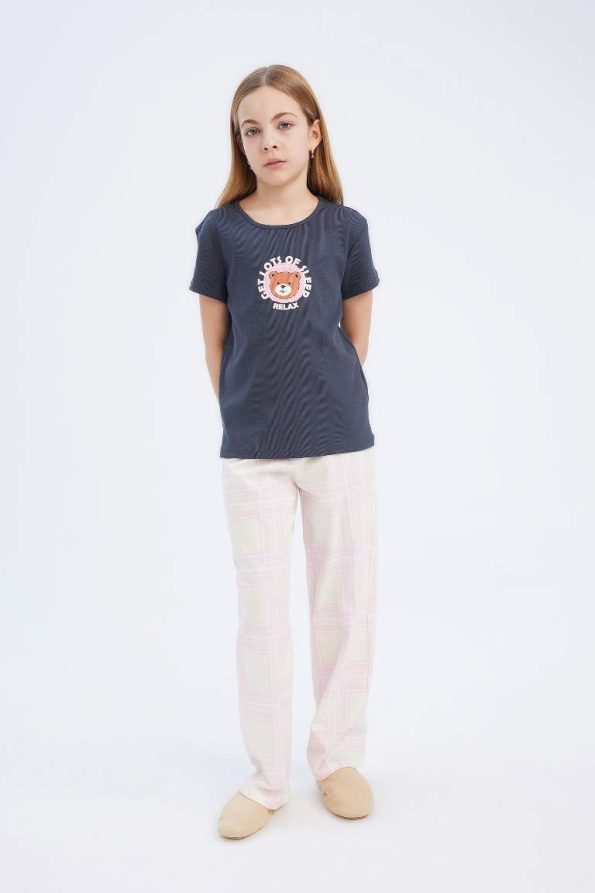 Girls' Pajama Set with Ribbed Short Sleeve Top and Long Bottoms